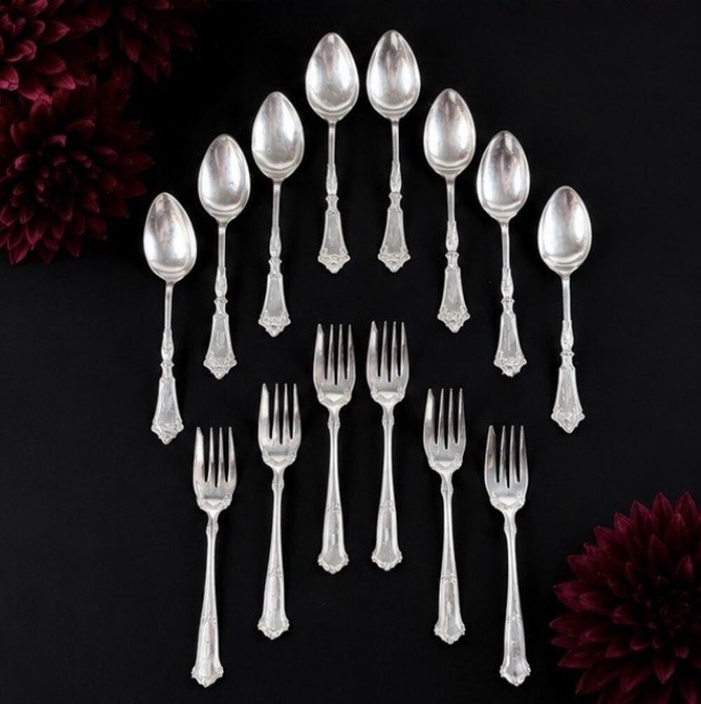 Antique Sterling Silver 925 Spoons & Forks 14 Piece Lot 323g Monogram Scrap
